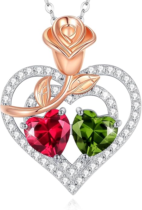 AGVANA Valentines Day Gifts Birthstone Necklace for Women Sterling Silver Rose Flower Heart Double Birthstone Jewelry Pendant Necklace Anniversary Birthday Gifts for Women Mom Wife Girlfriend Her