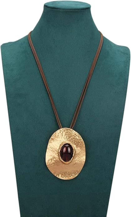 GelConnie Leather Necklace for Women Large Pendant Long Brown Necklace Circle Leather Choker Vintage Sweater Necklace Gold Chunky Boho Necklaces for Women