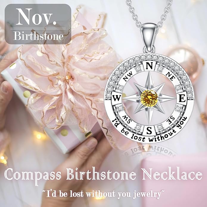 Compass Birthstone Necklace Gift for 2025 Graduation 925 Sterling Silver Compass ‘I'd be Lost Without You’ Pendant Necklaces Jewelry for Women Her Wife Gift for Birthday Anniversary