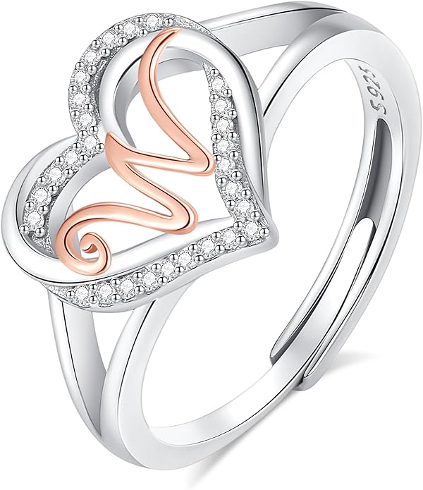 INFUSEU 925 Sterling Silver Initial Heart Ring for Women Girls, Adjustable Size