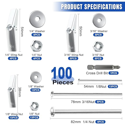 Taiss 100Pcs Toggle Bolts 1/8" 3/16" 1/4" 3 Sizes Heavy Duty Hollow Wall Anchors - Image 2