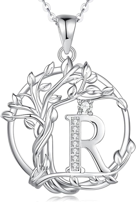 FANCIME Tree of life Initial necklaces for women, Sterling Silver Tree Jewelry Simulated Diamond Letter Pendant Cubic Zirconia CZ Personalized Birthday Mothers Day Gifts for Mom Wife Her