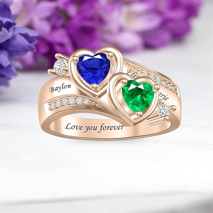Personalized Heart Birthstone Rings for Women with 2 Birthstones Custom Name Rings for Couple Mother Daughter Jewelry Gift for Mother Her Christmas
