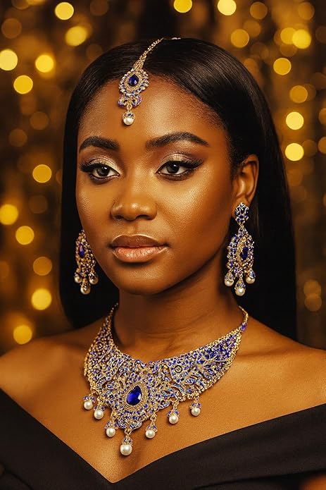 Touchstone Indian jewelry sets for women tikka wedding necklace costume guest statement bollywood rhinestones crystal faux pearls gold big royal neck piece set bridal fashion accessories