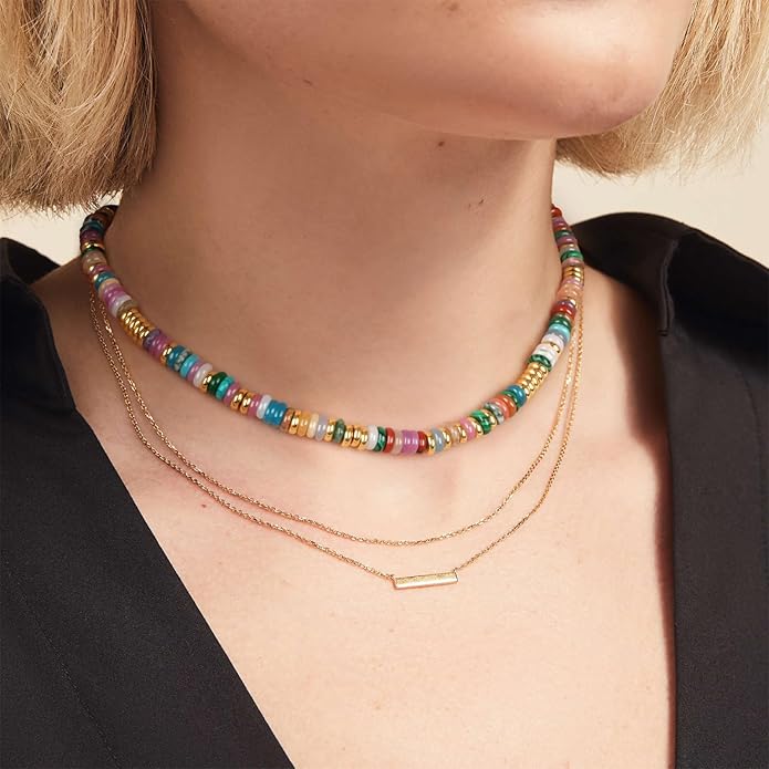 Beaded Necklace for Women, Colorful Boho Beach Handmade Bead Choker, 14K Gold Plated Stackable Bohemian Multicolor Natural Stone Necklace