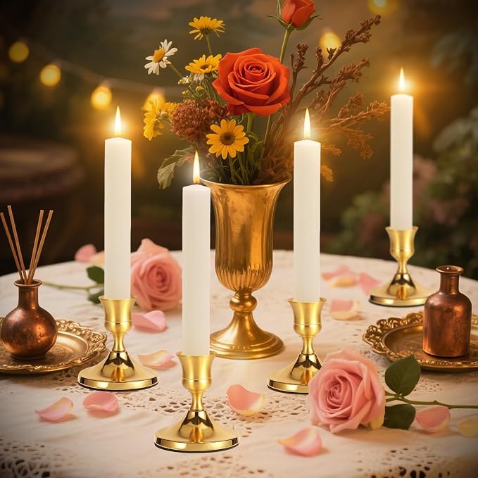 5 Pcs Gold Taper Candle Holders Set, Vintage Metal Candlestick Holders - Image 6