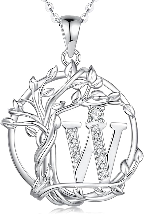 FANCIME Tree of life Initial necklaces for women, Sterling Silver Tree Jewelry Simulated Diamond Letter Pendant Cubic Zirconia CZ Personalized Birthday Mothers Day Gifts for Mom Wife Her