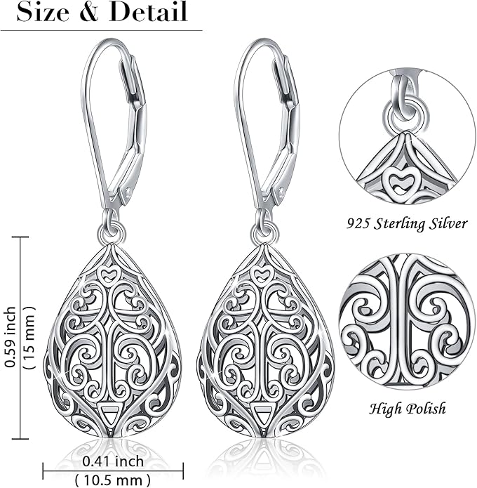 925 Sterling Silver Filigree Dangle Drop Earrings Daisy/Lotus/Rose Flower/Moonstone Leverback Teardrop Earrings for Women Infinity Celtic Knot Daisy Lotus Jewelry for Mothers Day