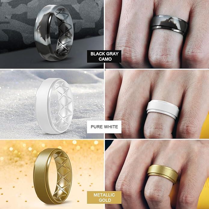 Egnaro Men's Rings 8.5mm Wide-2mm Thick Inner Arc Ergonomic Breathable Rubber Wedding bands-Hypoallergenic for Gym/Outdoor/Gift((1-7 Variety Pack with Half Size)