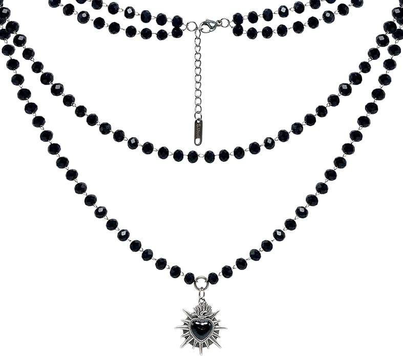 Black Stylish Gothic Necklace, Layered Beads Sun Necklace for Women, Black Bead Onyx Necklace, Goth Jewelry for Biker, Hiphop Punk Style for Women, Teenage
