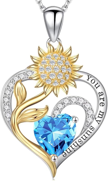 Iefil Valentines Day Gifts for Her - Sunflower Heart Birthstone Necklace Gifts for Women, Anniversary Birthday Gifts for Her 925 Sterling Silver Necklace You Are My Sunshine Jewelry for Wife Mom