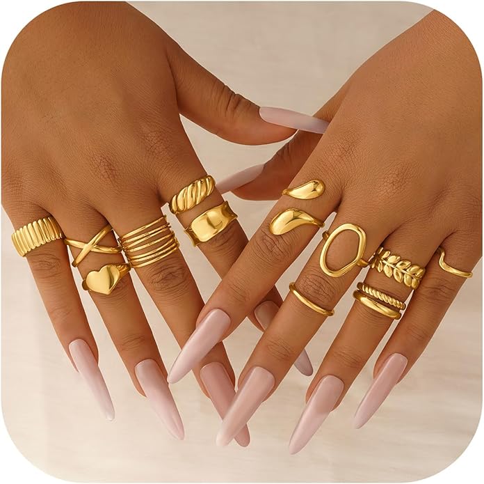 YOOSTEEL Valentines Day Gifts for Her Womens Chunky Gold Rings - 12 PCS Hypoallergenic 14K Gold Plated Thick Stackable Open Rings for Women Non Tarnish Dainty Gold Adjustable Ring Stack Set Trendy Jewelry