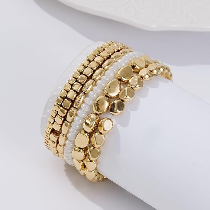 Gold Plated Beaded Bracelets for Women Trendy, 14K Gold Plated Stack Cross Pearl Gold Plated Bead Stretch Bracelets Set Elastic Hypoallergenic Bracelets Jewelry Gifts