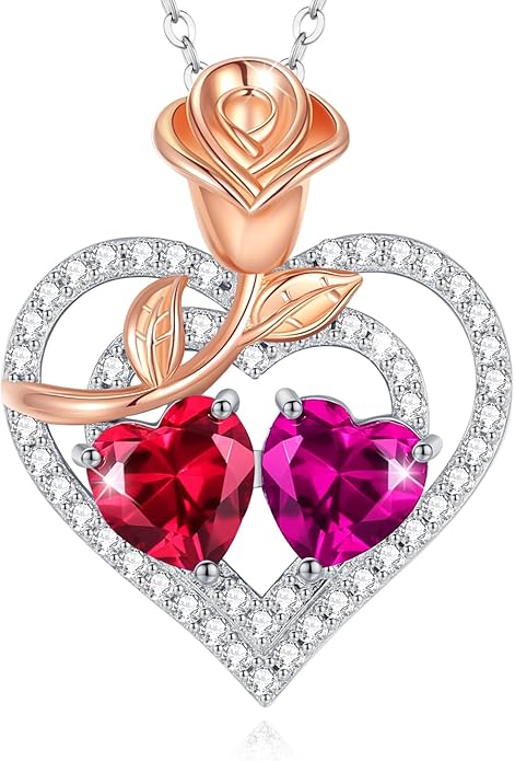 AGVANA Valentines Day Gifts Birthstone Necklace for Women Sterling Silver Rose Flower Heart Double Birthstone Jewelry Pendant Necklace Anniversary Birthday Gifts for Women Mom Wife Girlfriend Her