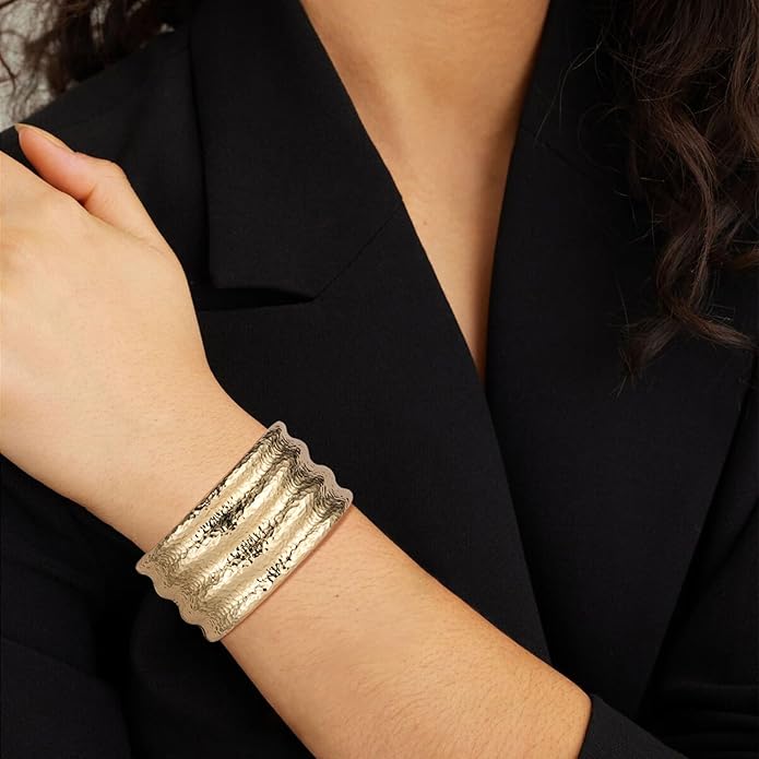 HZMAN 18K Gold Plated Wide Cuff Bracelet for Women - Premium Alloy Shiny Polished Double Layer Statement Bangle, Trendy Daily Wear Party Jewelry Accessory
