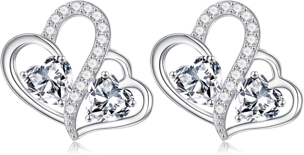 Iefil Valentines Day Gifts for Her - Birthstone Earrings Gift for Women, 925 Sterling Silver Double Heart Birthstone Earrings | Anniversary Birthday Gifts for Women, Personalized Jewelry for Wife Mom