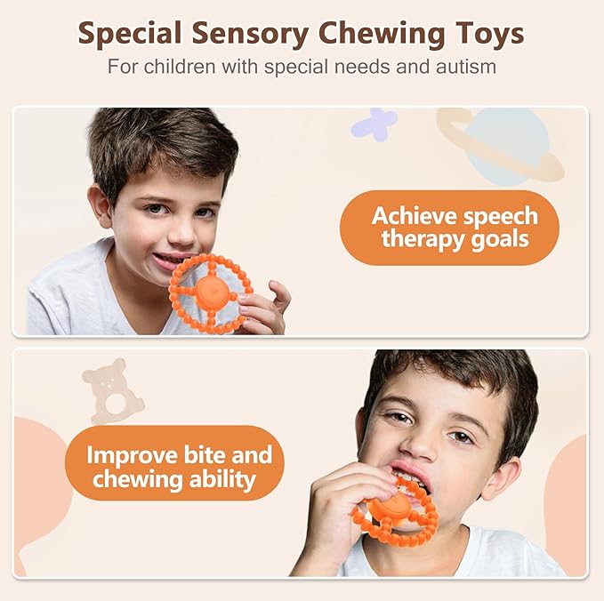 Vibrating Sensory Teething Toys,Baby Toys 6-18 Months, Autism Support & Oral Development, USB Rechargeable Teether for Toddlers, 1-2 Year Old Boys Christmas Girls Gifts idea (Orange)