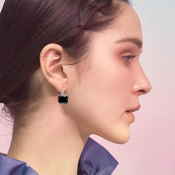 AOBOCO Sterling Silver Leverback Earrings Embellished with Crystals from Austria, Hypoallergenic Cushion Cut Square Crystal Earrings, Fine Anniversary Birthday Jewelry Gifts for Women