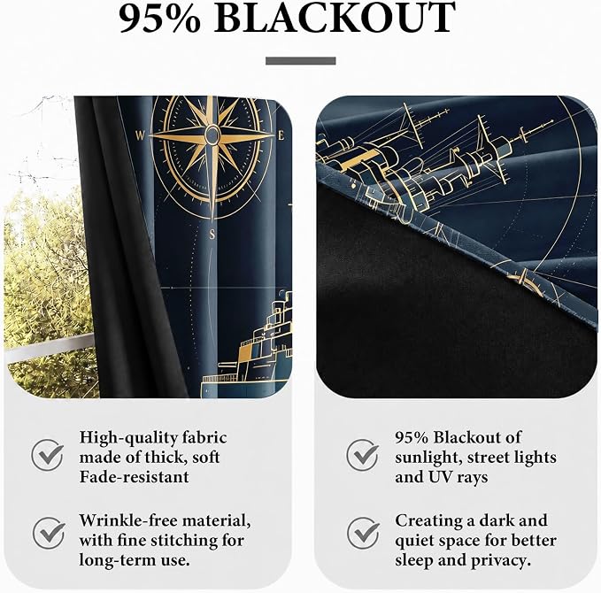 Navy Blue Warship Blackout Curtains 52 x 72 Inch Length Set of 2 | Nautical - Image 6