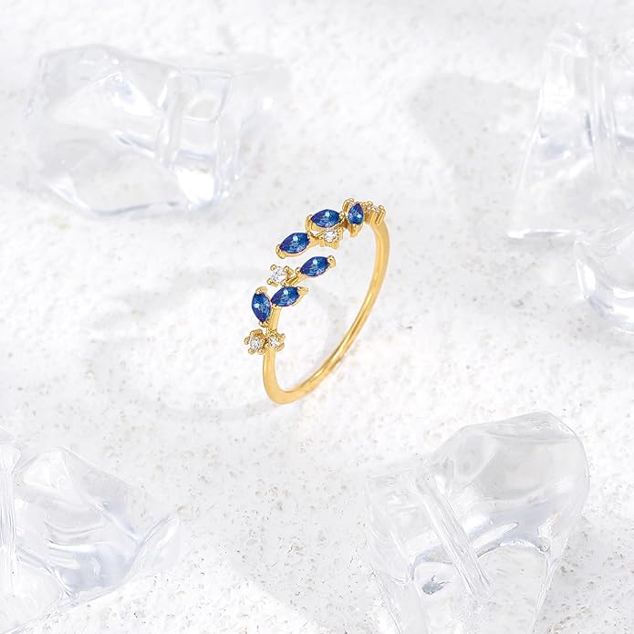 Gold Rings Non Tarnish Silver Adjustable Rings for Women Cubic Zirconia Leaf Ring Dainty Silver Stackable Ring for Women