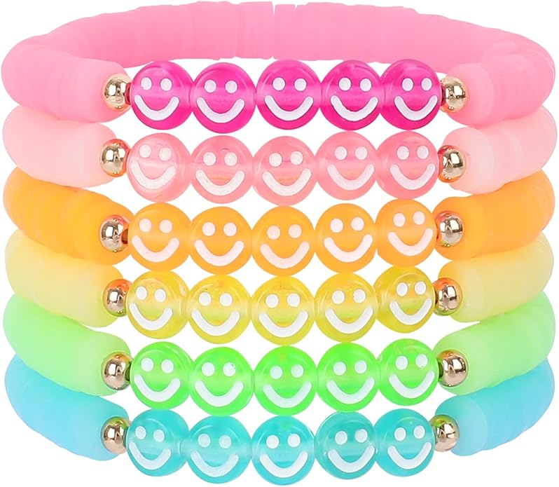 Bohemian Colorful Beaded Bracelets for Women Boho Stackable Natural Stone Letter Clay Glass Beads Stretch Bracelet Set with Charm, Cute Rainbow Friendship Bracelets for Summer Vacation