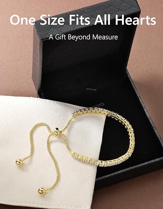 KRKC&CO Tennis Bracelet, Adjustable Length S925 Sterling Silver 2/3/4mm, Christmas Birthday Gifts for Her, Gift Box, Cubic Zirconia Bolo Bracelets for Women White/14K Gold Plated, Hypoallergenic
