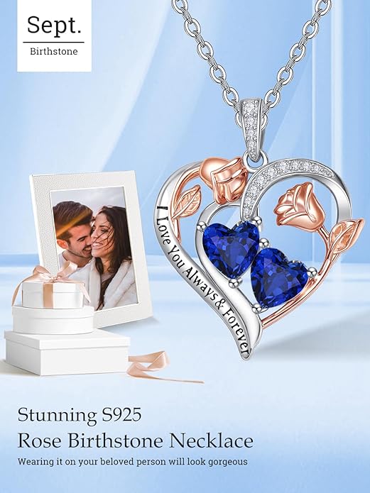 Valentine's Day Gifts for Wife 925 Sterling Silver Double Birthstone Pendant Necklaces I Love You for Always and Forever Necklace Anniversary Birthday Gifts for Wife Girlfriend Mom Her
