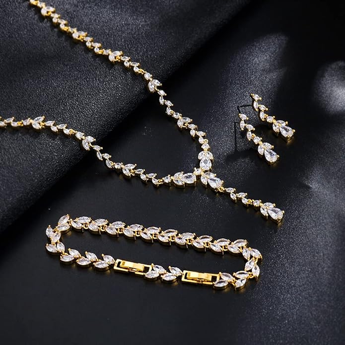 Bridal Wedding Jewelry CZ Set Marquise Teardrop Cubic Zirconia Pendant Necklace and Dangle Earring Bracelet Sets for Women