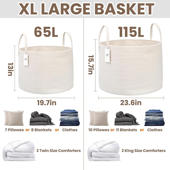 JMvicyroam 65L Extra Large Machine Washable Cotton Rope Blanket Basket | - Image 3