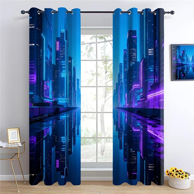 Punk City Curtains for Bedroom Living Room, Neon City Blackout Curtains - Image 3