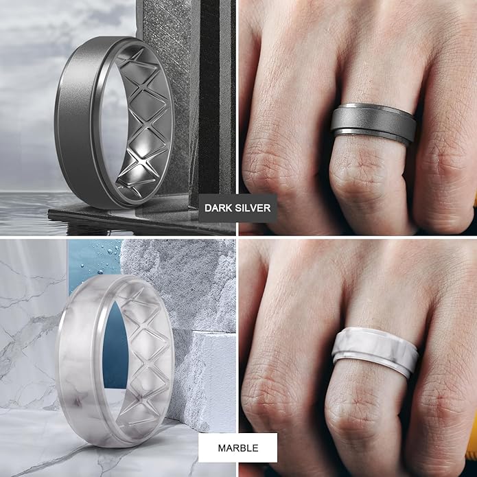 Egnaro Men's Rings 8.5mm Wide-2mm Thick Inner Arc Ergonomic Breathable Rubber Wedding bands-Hypoallergenic for Gym/Outdoor/Gift((1-7 Variety Pack with Half Size)