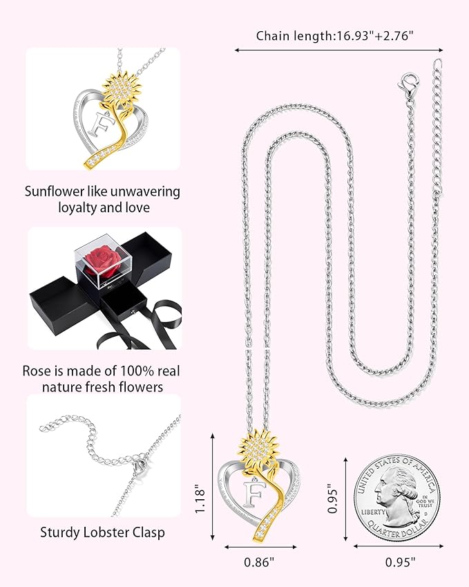 Birthday Gifts for Women Preserved Real Rose with Sunflower Initial Necklace - Birthday Gifts for Women Her Mom Wife on Valentines Mothers Day Christmas Anniversary Romantic with Pendant F