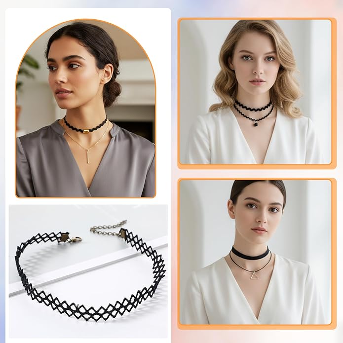 cobee 10 Pcs Gothic Choker Necklace For Women, Black Lace Chokers Adjustable Collar, Charm Stretch Necklaces Clothes Accessories