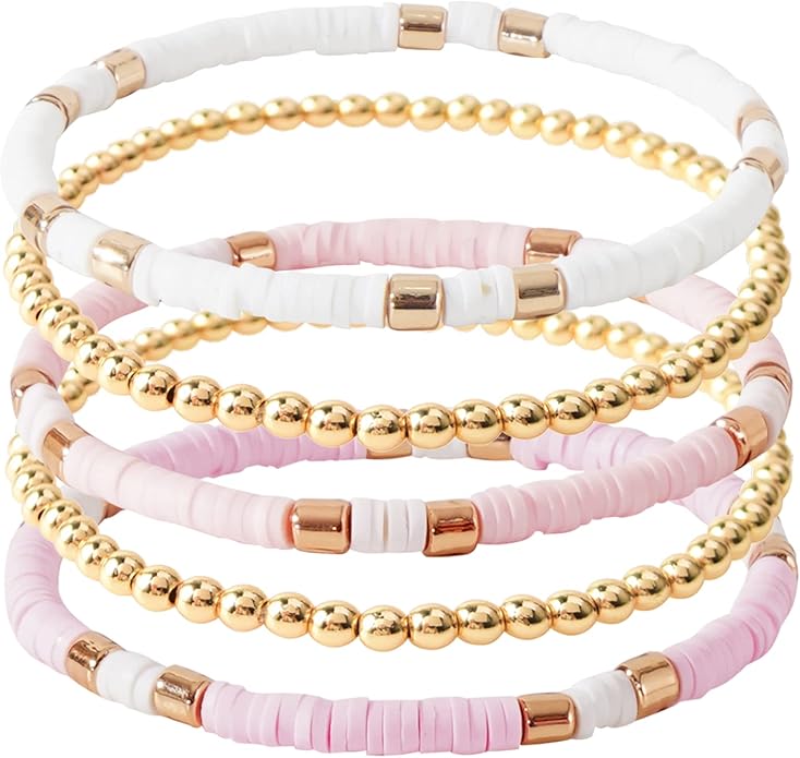 GOOJIDS Surfer Heishi Clay Bead Bracelets for Women Bohemian Stackable Gold Plated Beaded Stretch Bracelets Elastic Layering Friendship Bracelets Set Boho Jewelry