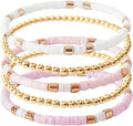 GOOJIDS Surfer Heishi Clay Bead Bracelets for Women Bohemian Stackable Gold Plated Beaded Stretch Bracelets Elastic Layering Friendship Bracelets Set Boho Jewelry