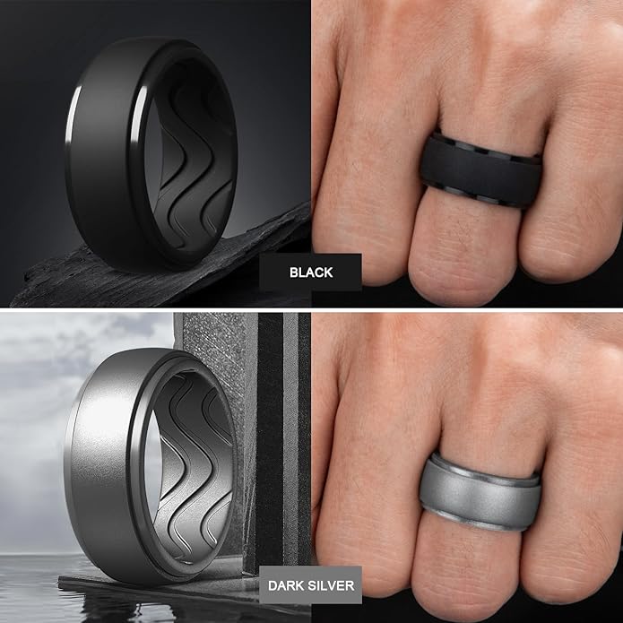 Egnaro Men's Silicone Rings 10mm Wide 2.5mm Thick, Rubber Wedding Bands with Inner Arc Ergonomic Breathable Design, 1/4/5/7 Variety Multipack