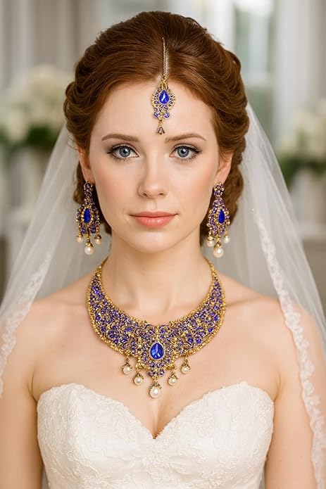 Touchstone Indian jewelry sets for women tikka wedding necklace costume guest statement bollywood rhinestones crystal faux pearls gold big royal neck piece set bridal fashion accessories