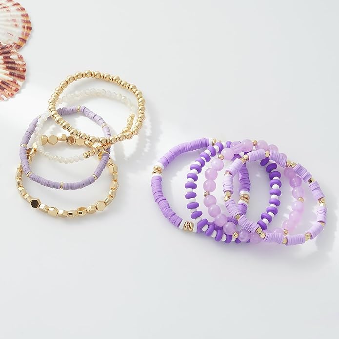 GOOJIDS Surfer Heishi Clay Bead Bracelets for Women Bohemian Stackable Gold Plated Beaded Stretch Bracelets Elastic Layering Friendship Bracelets Set Boho Jewelry