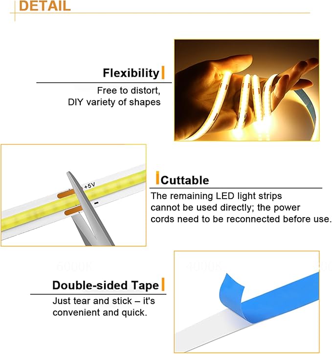 5V USB LED Strip Lights 3.28FT, 3Key COB Light Strip Warm White, Short LED - Image 3
