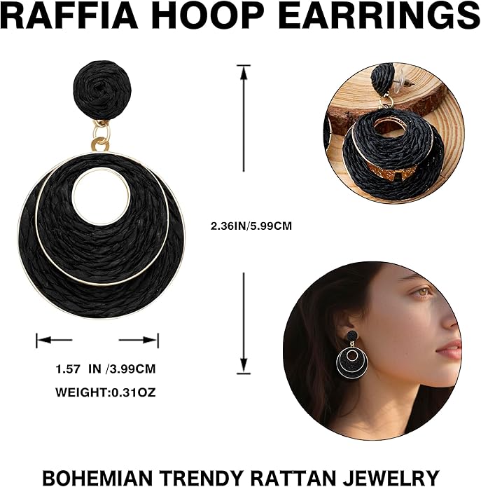 Raffia Hoop Earrings for Women - Boho Straw Wiker Dangle Drop Earrings for Summer Beach, Bohemian Trendy Rattan Jewelry