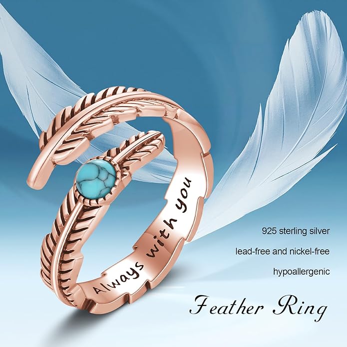 Turquoise/Moss Agate/Moonstone/Black Onyx/Lapis Lazuli/Labradorite/Tiger Eye Feather Ring 925 Sterling Silver Adjustable Ring Western Thumb Rings Vintage Jewelry Gifts for Women
