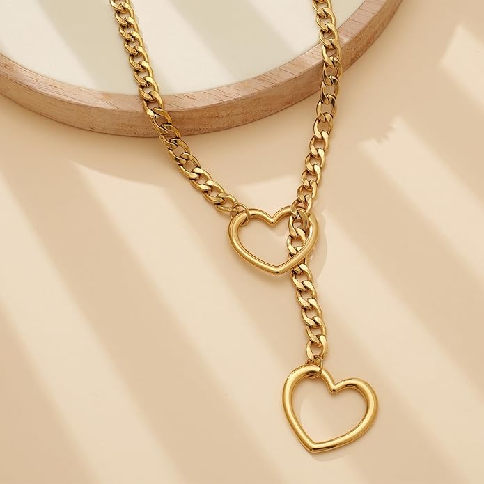 Heart Slip Chain Necklaces for Women,Stainless Steel O-Ring Adjustable Lariat Y-Necklace,Punk Gothic Cuban Collar Choker Necklace for women