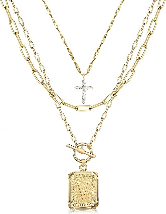 MJartoria Layered Initial Necklaces for Women Trendy, 14K Gold Plated Brass Simple Dainty Cross Choker Square Letter Pendant Necklace, Paperclip Chain Necklaces Jewelry