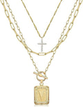 MJartoria Layered Initial Necklaces for Women Trendy, 14K Gold Plated Brass Simple Dainty Cross Choker Square Letter Pendant Necklace, Paperclip Chain Necklaces Jewelry
