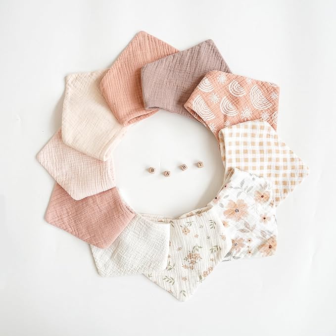 Konssy Muslin Baby Bibs 10 Pack Baby Bandana Drool Bibs 100% Cotton for Unisex Boys and Girls, Soft Absorbent Set for Teething and Drooling
