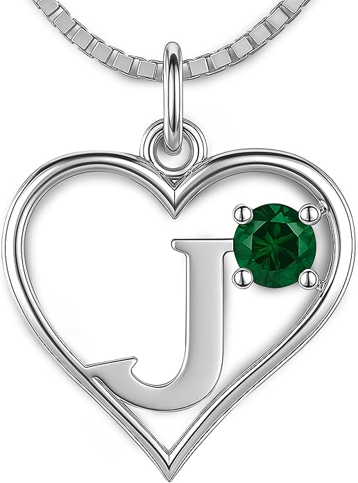 Silver Sterling Necklace Initial Letter A-Z Birthstone for Women – Personalized Custom Jewelry Pendant with Heart Design Customized Dainty Charm for Wife Girlfriend Mom – 18" Box Chain