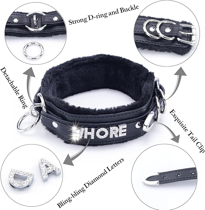 Sparkle Letter Choker Collar For Women, Furry O-ring Leather Collar Punk Gothic Choker Necklace Adjustable Fashion Jewelry, Black