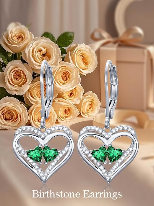 Valentines Day Gifts for Women, Heart Leverback Earrings Double Birthstone Dangle Earrings for Women, Love Jewelry for Her, Anniversary Birthday Gift for Mom Wife Girlfriend