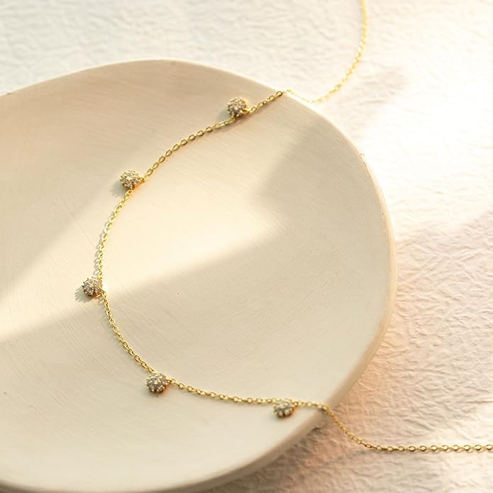 VRIUA Necklaces for Women - 14K Gold/Silver Plated Dainty Chain Necklace with Five Charms: Diamond, Bow, Snowflake, Cross, Flower, Clover, Butterfly, Heart, Star of David, and Star Trendy Jewelry