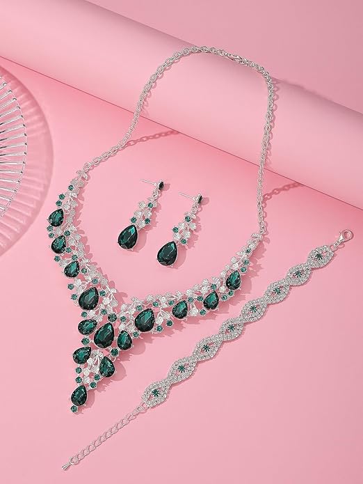Wedding Bridal Bridesmaid Austrian Crystal Rhinestone Jewelry Sets Statement Choker Necklace Earrings Bracelets Sets for Wedding Party Prom